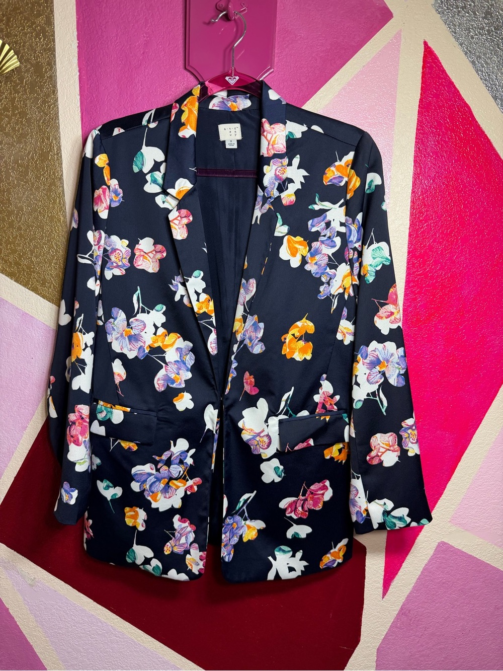 And The Why Navy Floral Satin Open Front Blazer Jacket Multicolor Print Size S - Picture 4 of 8